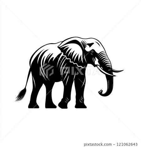 A black and white illustration of an elephant standing in front of a white background. A black and white illustration of an elephant standing in front of a white background. 121062643