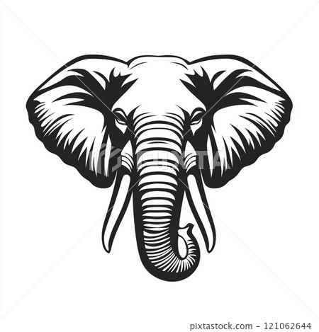 A black and white illustration of an elephant standing in front of a white background. A black and white illustration of an elephant standing in front of a white background. 121062644