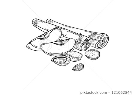 Almond, apple slice and cinnamon sticks heap vector isolated illustration clip art in black and white colors. Aromatic seasoning with fresh fruit, nut ingredients monochrome illustration for desserts. Almond, apple slice and cinnamon sticks heap vector isolated illustration clip art in black and white colors. Aromatic seasoning with fresh fruit, nut ingredients monochrome illustration for desserts. 121062844