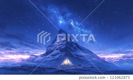 Starry sky and solitary snowy mountains 121062873
