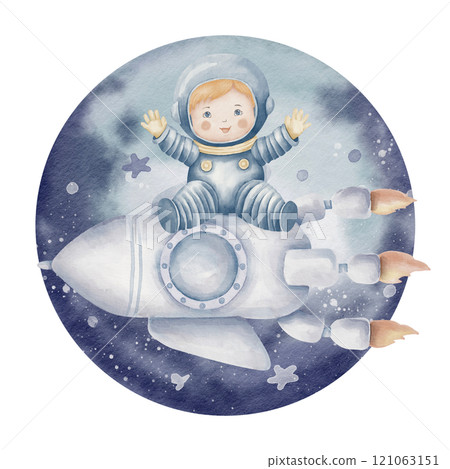 Watercolor illustration of a Baby Cosmonaut sitting on a Spaceship on background of Planet. Drawing of astronaut in a space for birthday cards, baby shower invitations, or children nursery designs. Watercolor illustration of a Baby Cosmonaut sitting on a Spaceship on background of Planet. Drawing of astronaut in a space for birthday cards, baby shower invitations, or children nursery designs. 121063151