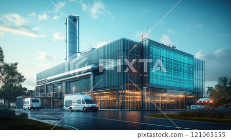 Modern hospital building featuring glass facade and advanced architectural design, with ambulances parked outside, ready for emergencies. 121063155
