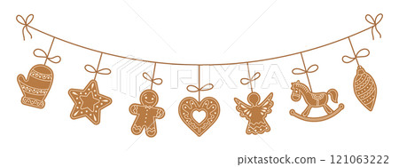Christmas garland with gingerbread cookies in the form of different characters and holiday items. Festive illustration. Christmas garland with gingerbread cookies in the form of different characters and holiday items. Festive illustration. 121063222