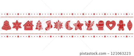 Christmas seamless border with gingerbread cookies in the form of different characters and holiday items. Red and white illustration. 121063223