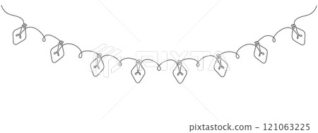 Continuous one line drawing of christmas garland with light bulbs. Holiday garland in simple linear style. Illustration in doodle style. Continuous one line drawing of christmas garland with light bulbs. Holiday garland in simple linear style. Illustration in doodle style. 121063225