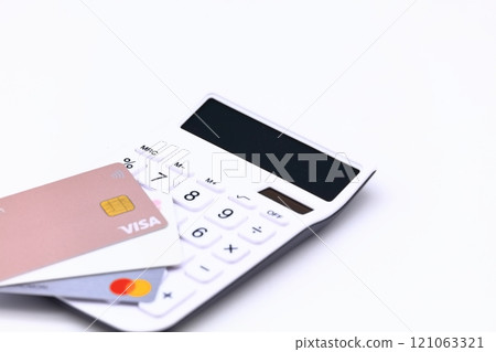 Image of a calculator and a credit card 121063321