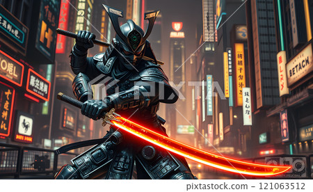 Samurai With Swors In Futuristic City 121063512