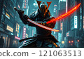 Samurai With Swors In Futuristic City 121063513