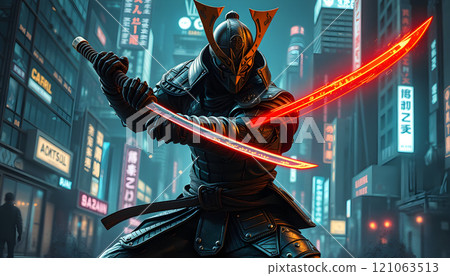 Samurai With Swors In Futuristic City 121063513