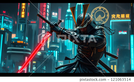 Samurai With Swors In Futuristic City 121063514