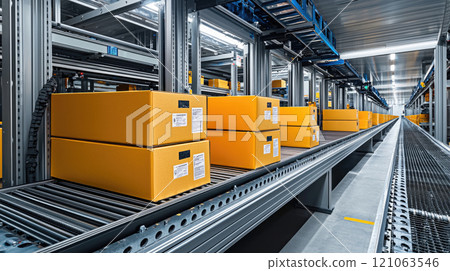 Automated warehouse system with conveyor belts and yellow boxes for efficient logistics and inventory management 121063546