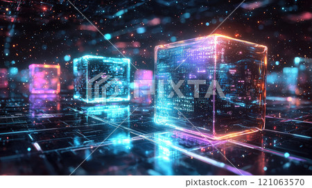 Futuristic digital cubes with glowing neon lights and binary code in a virtual space 121063570