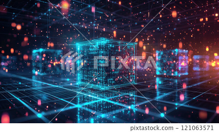 Futuristic digital landscape with glowing data cubes in a cybernetic grid for innovative technology design 121063571