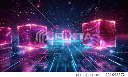 Neon futuristic blockchain cubes in digital space with glowing pink and blue lights 121063572