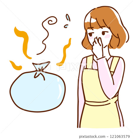 Line drawing illustration of a young woman holding her nose over a smelly garbage bag 121063579