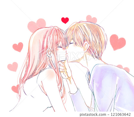 接吻男人和女人，下巴吻，心 121063642