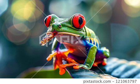 A red eyed tree frog sitting on top of a leaf 121063797