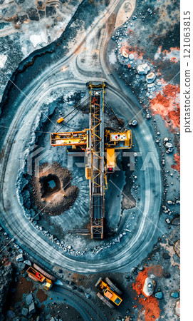 Aerial view of a construction site with a crane in the middle of it 121063815