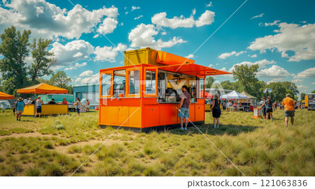 A group of people standing in a field next to a food truck 121063836
