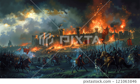 A painting of a battle scene with a castle in the background 121063846