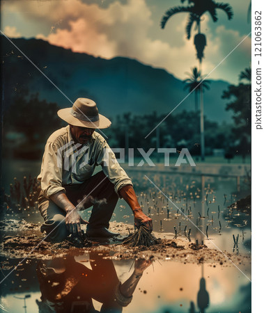 A man in a straw hat is working in a paddy field 121063862