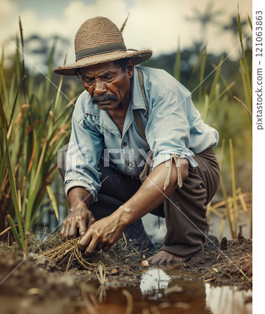 A man in a straw hat is working in a rice field A man in a straw hat is working in a rice field 121063863