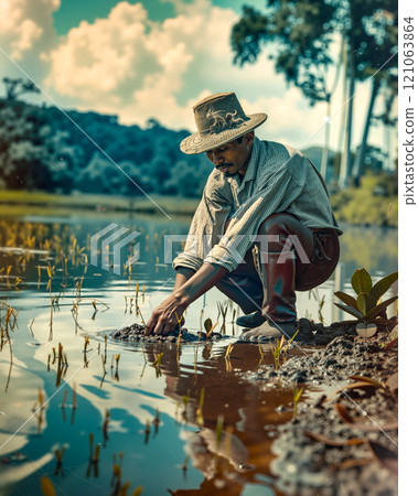 A man in a hat crouches down to plant a plant in a pond A man in a hat crouches down to plant a plant in a pond 121063864