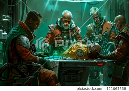 A group of people in a hospital room with a man laying on a table 121063866
