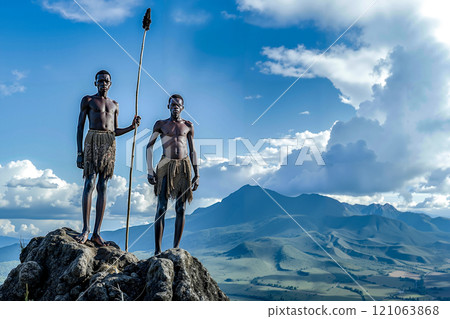 Two men standing on top of a mountain holding a spear 121063868