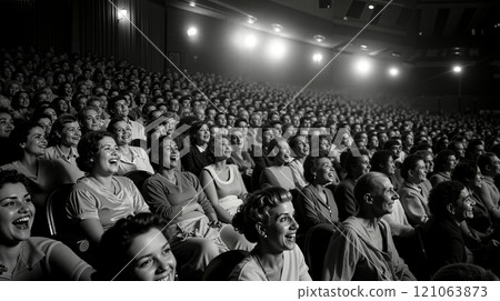 A large group of people sitting in a movie theater 121063873
