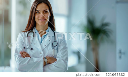 A woman in a white lab coat with a stethoscope on her neck A woman in a white lab coat with a stethoscope on her neck 121063882