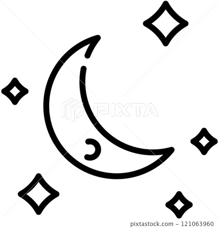 Moon with stars line icon. Crescent in night sky outline vector sign. Celestial linear style pictogram. Symbol, logo illustration. Editable stroke. 121063960