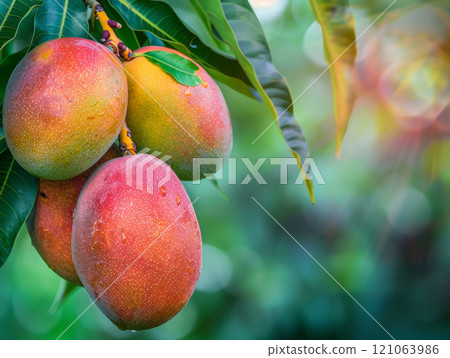 Fresh ripe rainbow mangos or Mahachanok mango on tree branch, fruit in garden 121063986