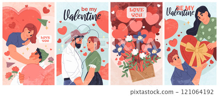 Vector greeting cards for Valentine's day. Set of valentines for couples in love. Banners or flyers for romantic holiday, gift for lover one or beloved. Relationships, amour or love. Love you. 121064192