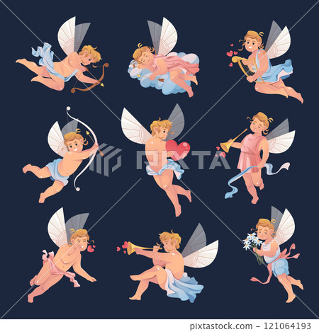 Vector isolated cupids on dark background. Set of amurs. Flying baby angels with bow and arrows, harp or flute, bouquet of daisies. Cartoon stickers for Valentine's day. Shot in the heart. Love. Vector isolated cupids on dark background. Set of amurs. Flying baby angels with bow and arrows, harp or flute, bouquet of daisies. Cartoon stickers for Valentine's day. Shot in the heart. Love. 121064193