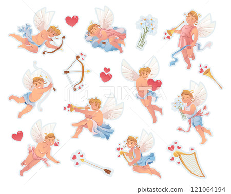 Cartoon cupids or amurs set. Vector isolated stickers or clip arts. Romantic icons of flying baby angels for Valentine's day. Holiday symbols of love and romance. Valentines. 14th of February. Cartoon cupids or amurs set. Vector isolated stickers or clip arts. Romantic icons of flying baby angels for Valentine's day. Holiday symbols of love and romance. Valentines. 14th of February. 121064194