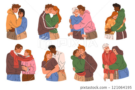 Young people are kissing and hugging, vector set. Collection of couples in love or friends embracing each other. Romantic relationship or friendship. Tender feelings, hugs and kisses. Valentines day. 121064195