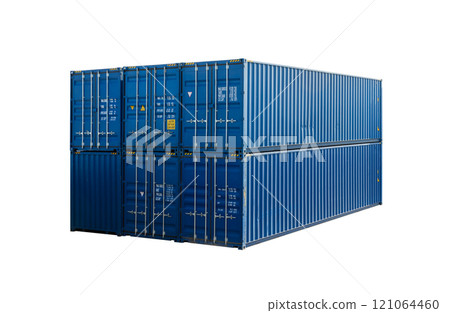 Stack of standard blue cargo containers isolated on white background 121064460