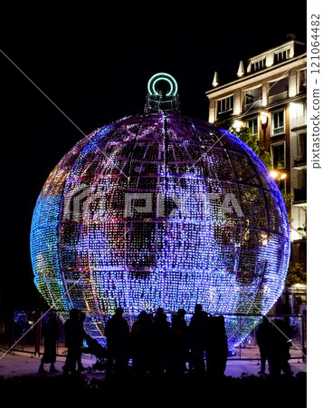 Christmas. Light. Christmas lights through the streets of Madrid. Decorating streets of the city. Fir tree with Christmas lights. Christmas ball. On. MADRID. SPAIN. 11 December 2024. Christmas. Light. Christmas lights through the streets of Madrid. Decorating streets of the city. Fir tree with Christmas lights. Christmas ball. On. MADRID. SPAIN. 11 December 2024. 121064482