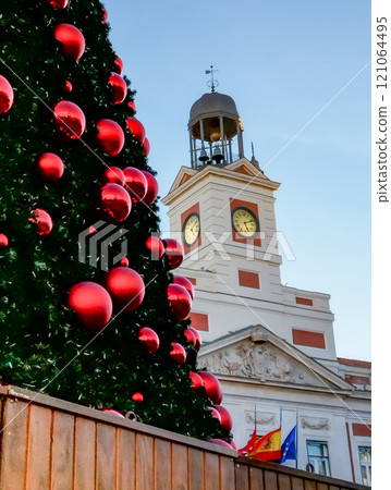 Christmas. Light. Christmas lights through the streets of Madrid. Decorating streets of the city. Fir tree with Christmas lights. Christmas ball. On. MADRID. SPAIN. 11 December 2024. 121064495