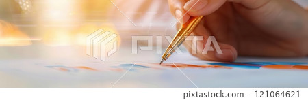 Close up of a hand holding a paintbrush over a canvas. 121064621