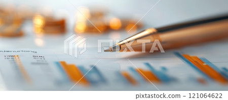 Close-up of a pen resting on a financial graph, symbolizing business analysis and planning. Close-up of a pen resting on a financial graph, symbolizing business analysis and planning. 121064622