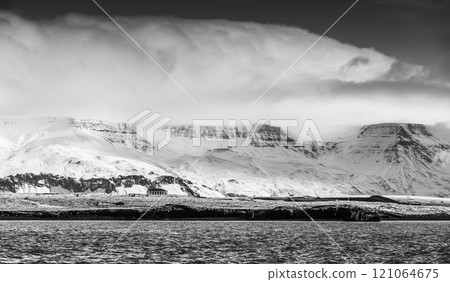 Panoramic black and white photography, coastal Icelandic landscape 121064675