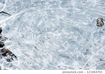 Circular pattern of thin ice crystals is on frozen puddle 121064763