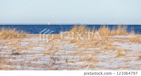 Panoramic winter beach landscape with sand and dry grass Panoramic winter beach landscape with sand and dry grass 121064797