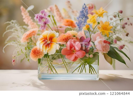 Pretty flowers in vivid colors arranged in a clear glass or acrylic square vase Pretty flowers in vivid colors arranged in a clear glass or acrylic square vase 121064844