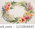 Pastel colored flowers arranged in a circle 121064845