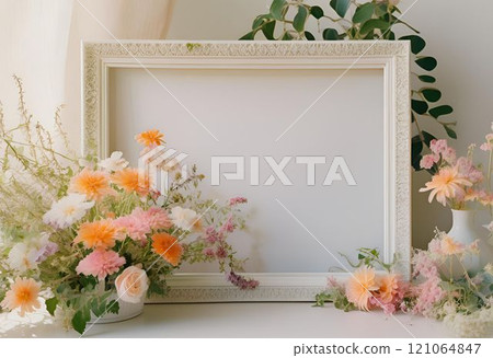 White frame decorated with pastel flowers 121064847