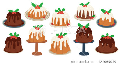 Christmas pudding, fruit cake with holly berry set. 121065019