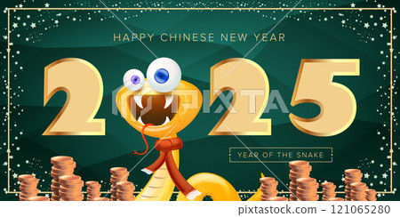 Cartoon snake with scarf symbol of 2025 lunar year. New year illustration. Happy Chinese New Year 2025 illustration vector design with cute and elegant golden snake and golden coins. Cartoon snake with scarf symbol of 2025 lunar year. New year illustration. Happy Chinese New Year 2025 illustration vector design with cute and elegant golden snake and golden coins. 121065280